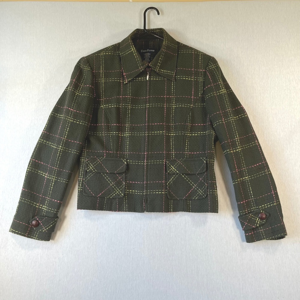 Evan-Picone Womens 12 Olive Green Plaid Tweed Zip Front Jacket W2019030